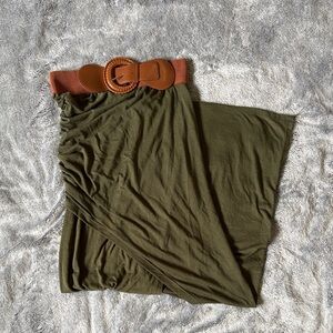 Venus Women’s Small Army Green Maxi Skirt Tan Belt Rouched Hip